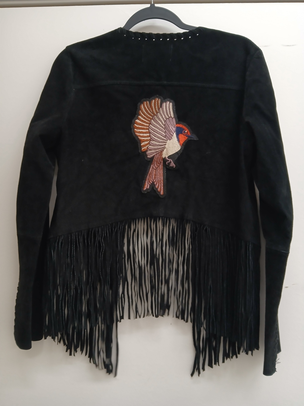Black Suede Fringe Jacket with Embroidered Bird Detail
